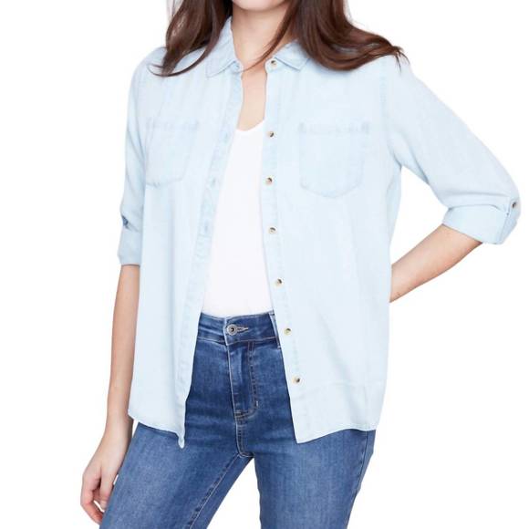 NEW CHARLIE B button down blouse in denim - Picture 2 of 3